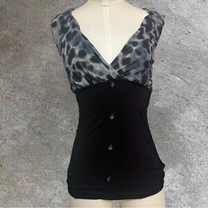 Morgan De Toi Black and Blue Leopard V-neck Top